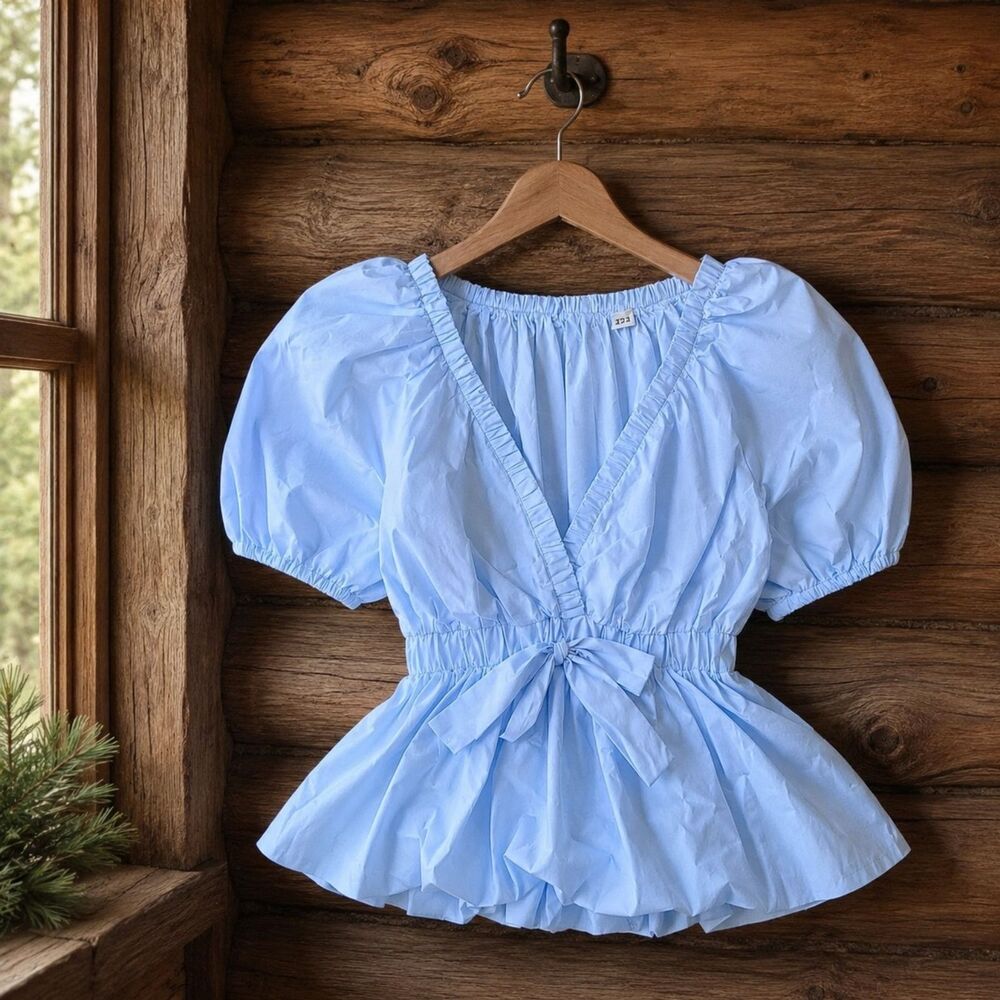 Light Blue Puff Sleeve Peplum Blouse with Bow Tie Waist – Women's V-Neck Top 2XL